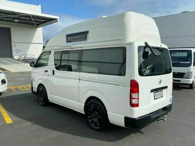 Rear view of the high-roof Toyota Hiace campervan available for hire